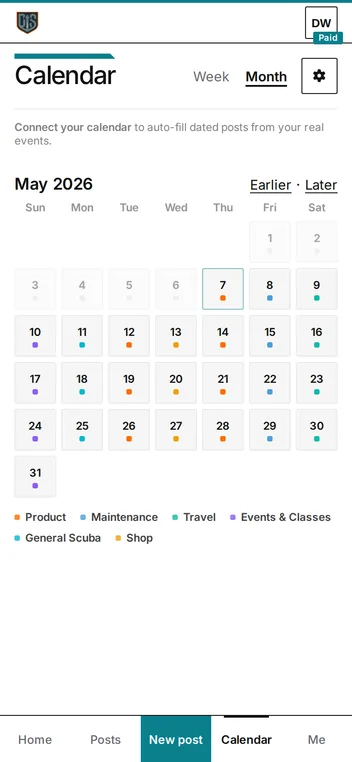 The posting calendar on a phone: a month of posts, each day coloured by its category