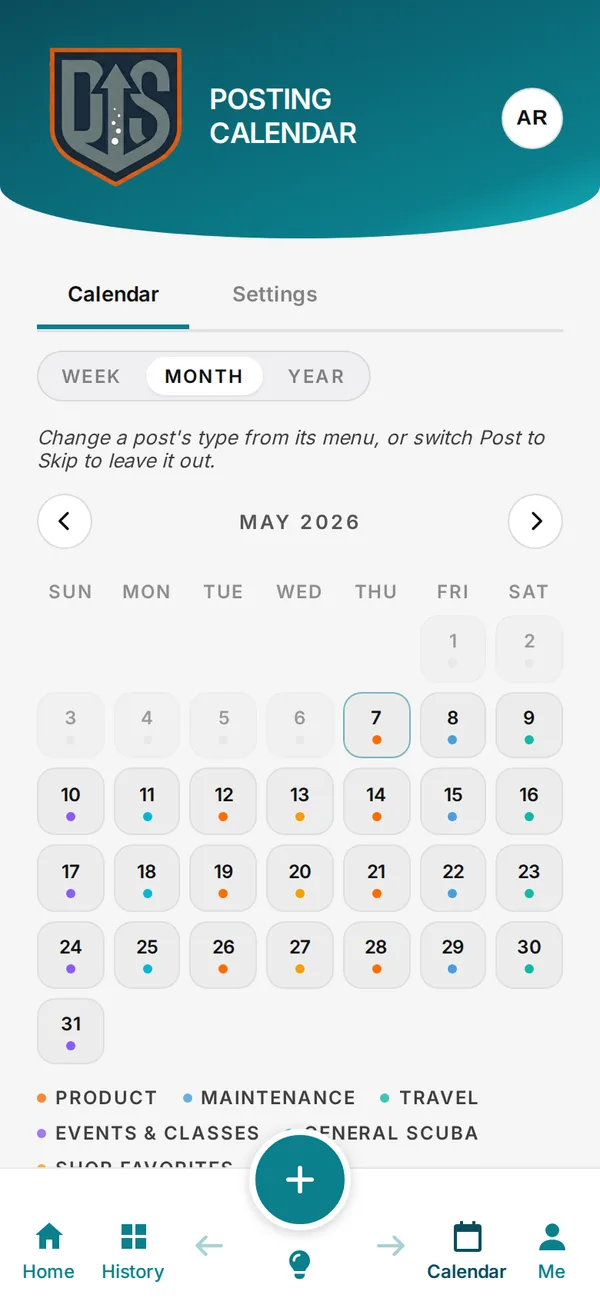 The posting calendar on a phone: a month of posts, each day coloured by its category