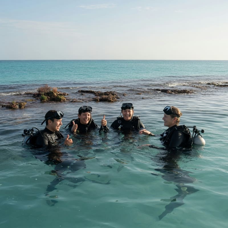 Four scuba students and their instructor at the surface near a reef, masks up, giving a thumbs up