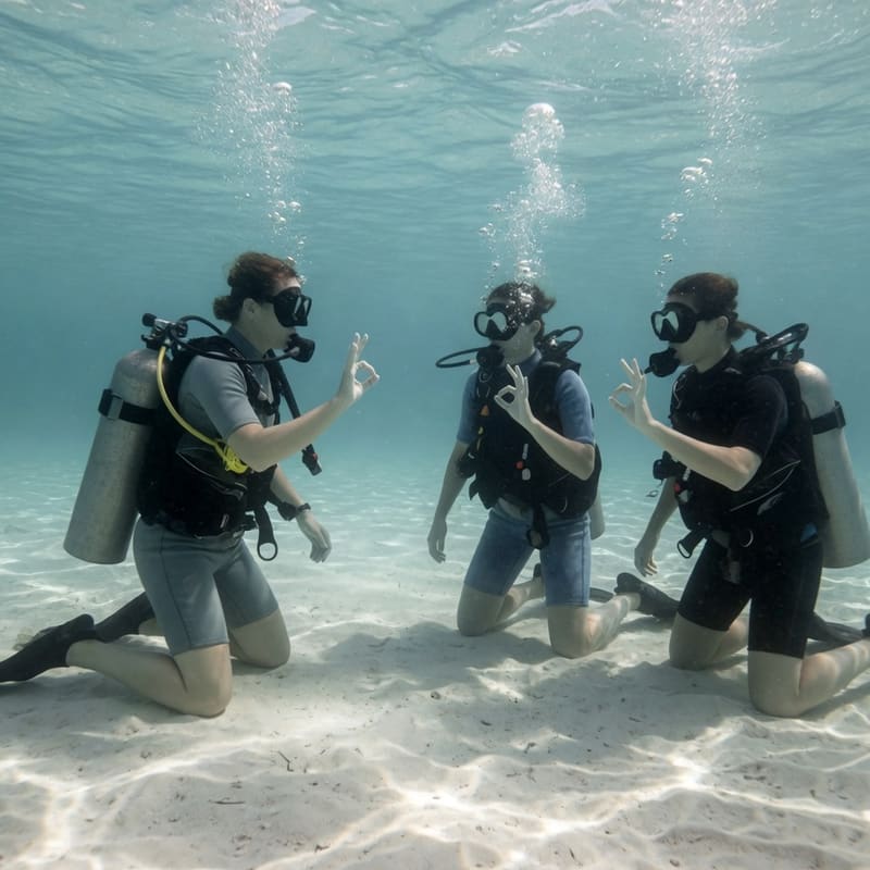 Two students and their instructor kneel on a sandy bottom, trading OK signals