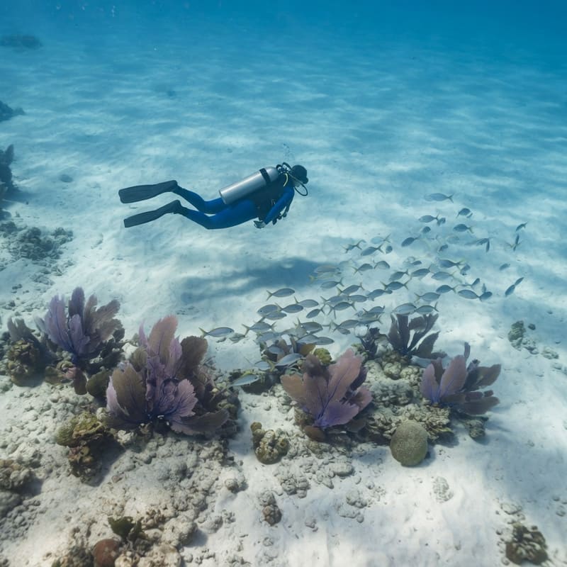 A diver glides over white sand and purple sea fans as a school of fish passes