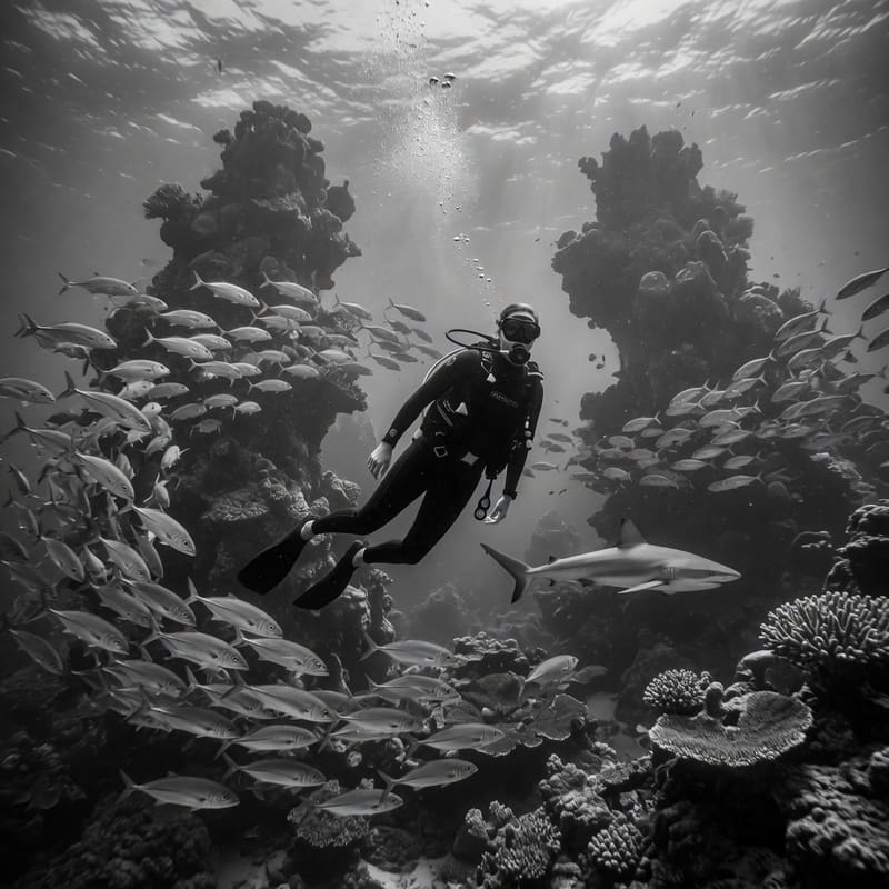 A diver hovers between coral towers as a school of fish and a shark pass