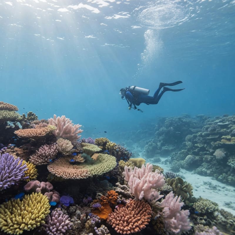 A diver above a sunlit coral reef