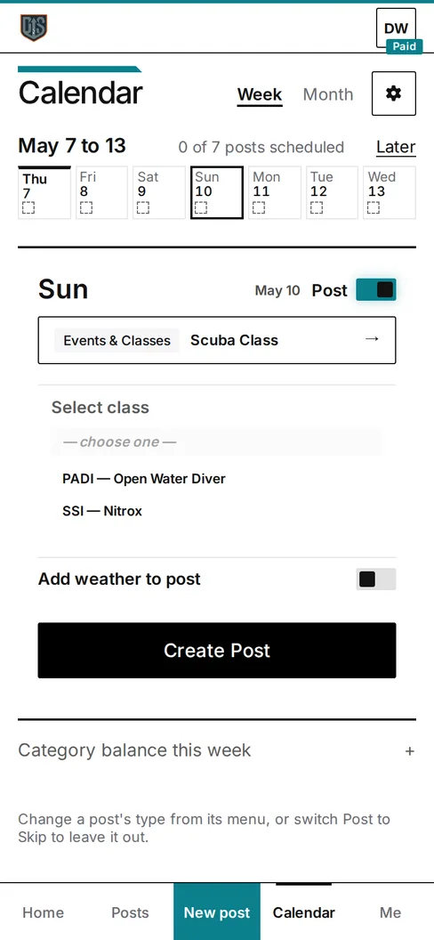 The posting week on a phone: Thursday at 6pm holds the Open Water class post