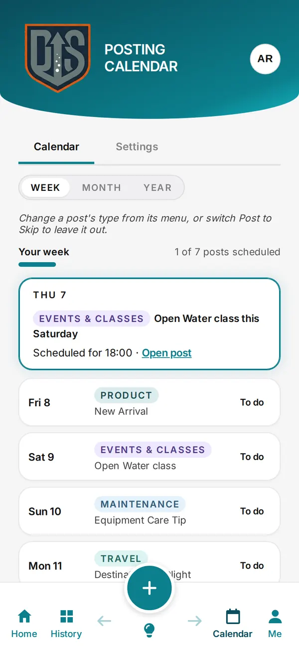 The posting week on a phone: Thursday at 6pm holds the Open Water class post