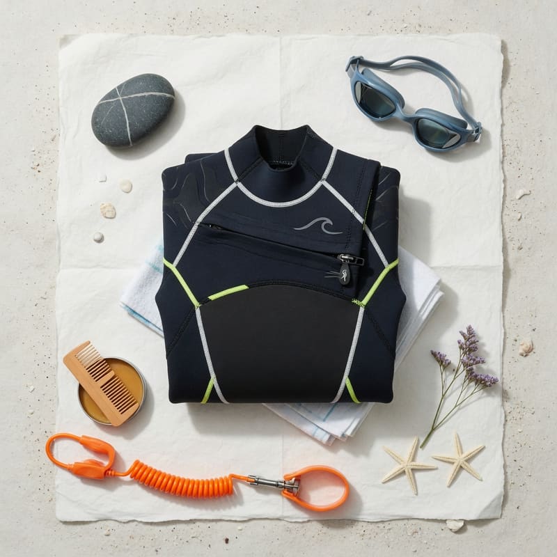 A folded wetsuit laid out with goggles, a towel and starfish